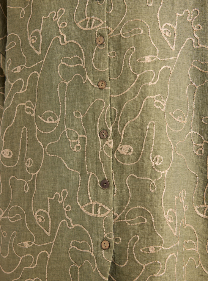 Khaki Embroidery Detailed Shirt & Trouser Set - Store WF
