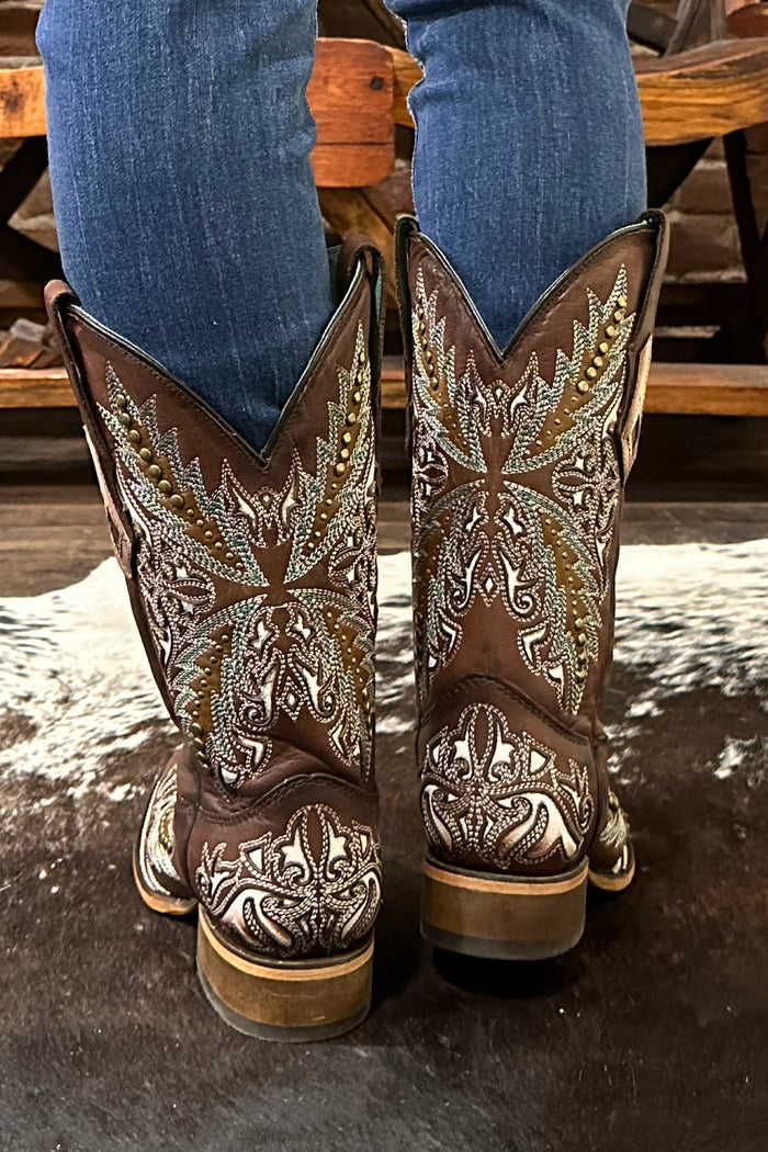Ladies Brown Embroidered Square Toe Boot with Studs by Corral Boots-Women's Boot-Corral Boots-Gallop 'n Glitz- Women's Western Wear Boutique, Located in Grants Pass, Oregon