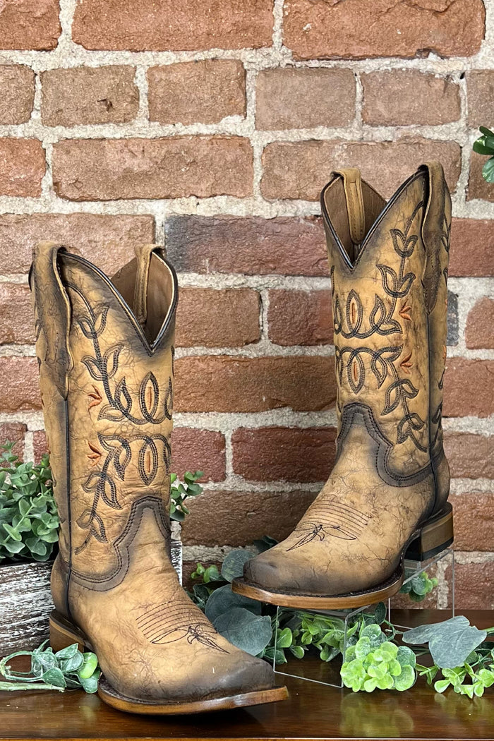 Ladies Distressed Brown Floral Circle G Boot by Corral Boots-Women's Boot-Circle G Boots-Gallop 'n Glitz- Women's Western Wear Boutique, Located in Grants Pass, Oregon