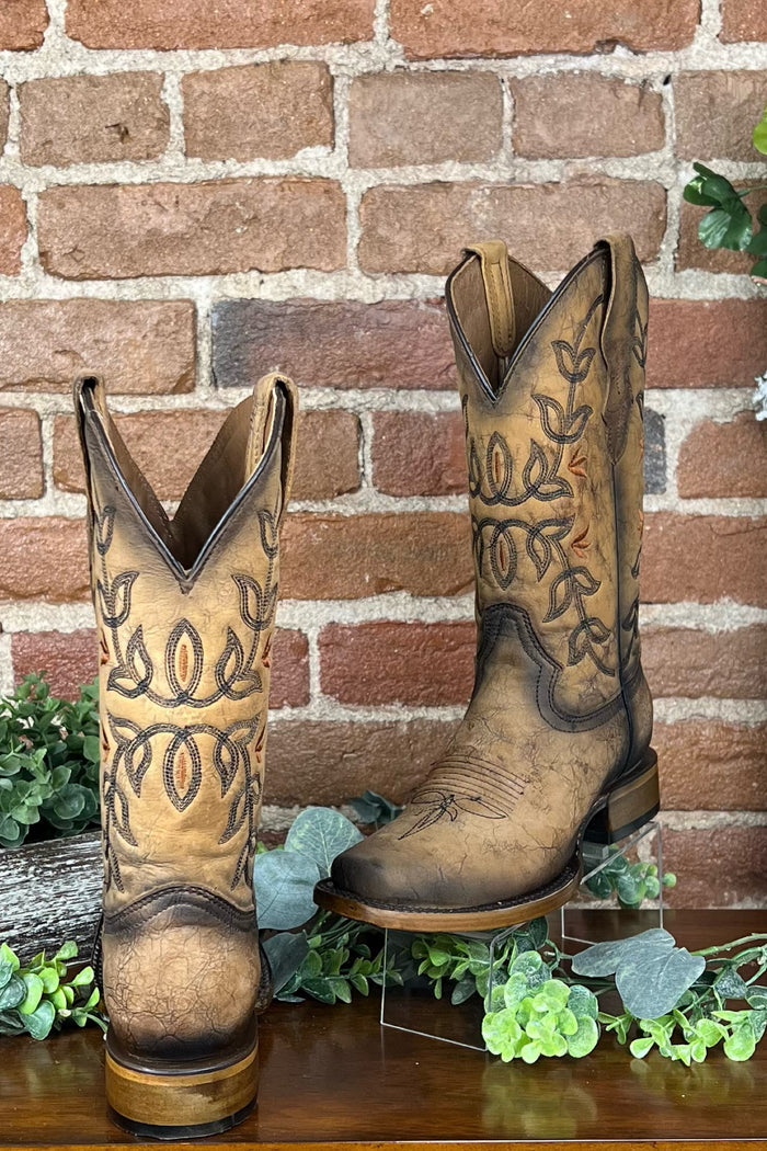 Ladies Distressed Brown Floral Circle G Boot by Corral Boots-Women's Boot-Circle G Boots-Gallop 'n Glitz- Women's Western Wear Boutique, Located in Grants Pass, Oregon