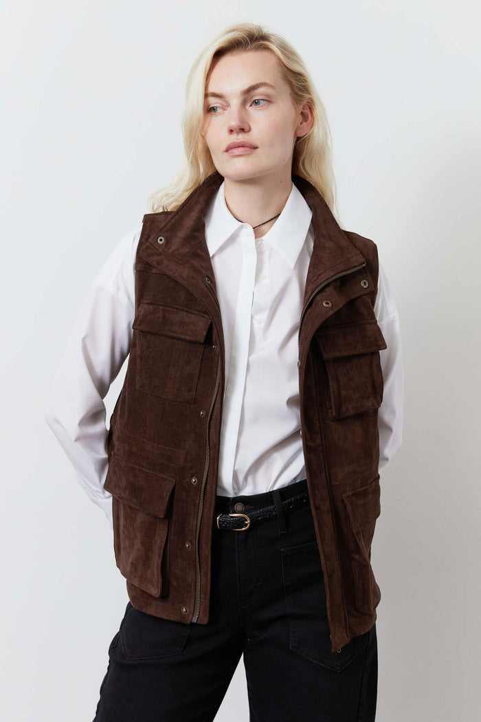 Cocoa brown suede cargo vest with flap pockets, snap buttons, and two chest pockets