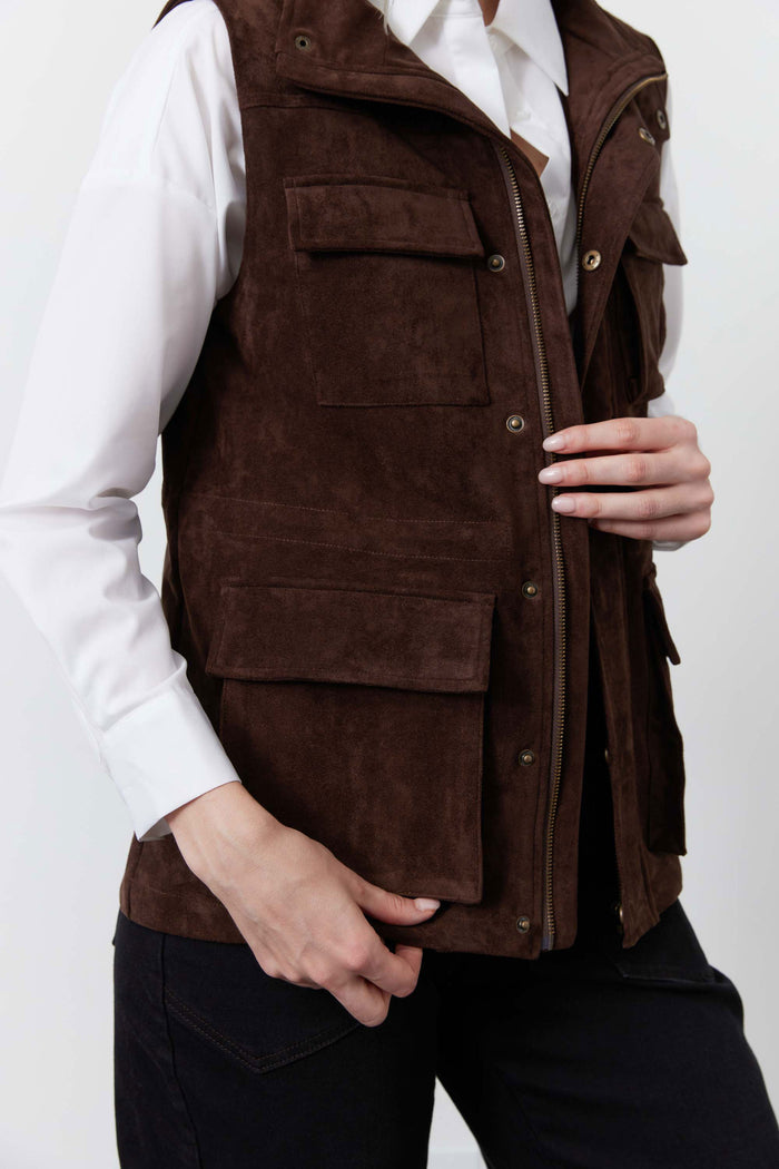 Cocoa brown cargo vest with flap front pockets and metal button placket