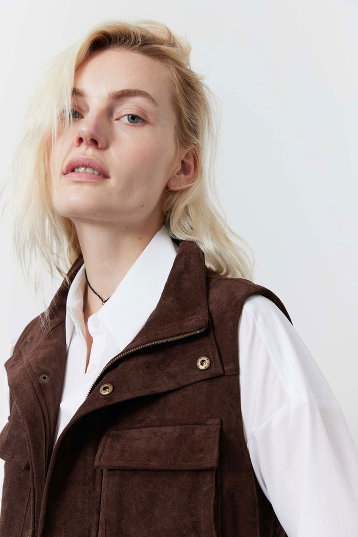 Cocoa brown suede cargo vest with high collar and chest flap pocket
