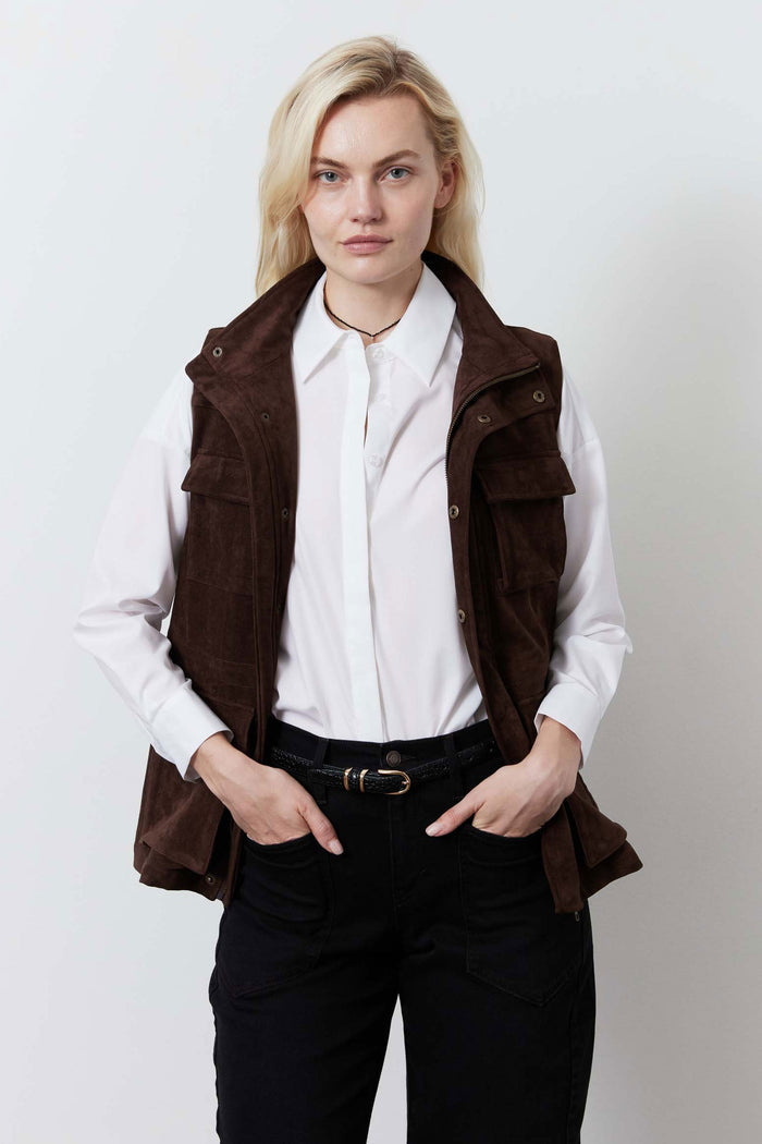 Cocoa brown long cargo vest with snap buttons and flap pockets over shirt