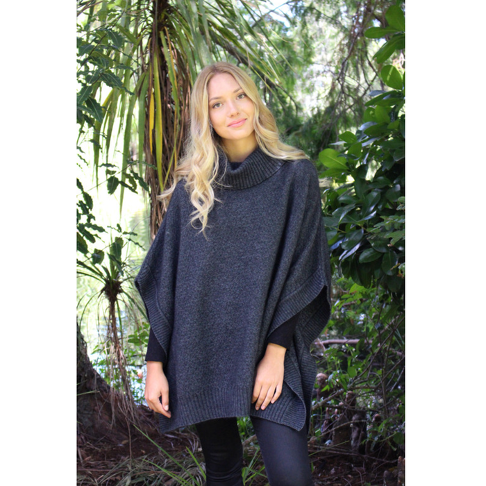 Lothlorian - Merino & Possum Lush Cowl Neck Poncho (9768)Charcoal