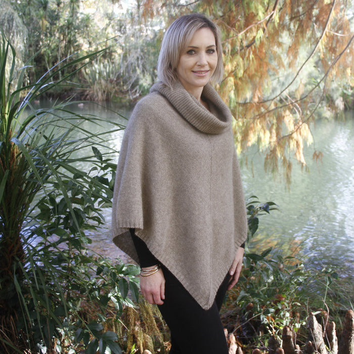 Zinity - Merino & Possum Cowl Neck Poncho -  Natural