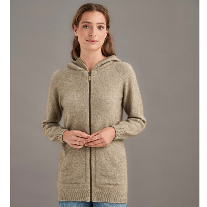 Woman wearing McDonald - Merino & Possum Stepped Stitch Hoodie (5063) in the colour Mocha.