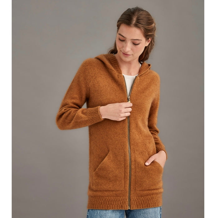 Woman wearing McDonald - Merino & Possum Stepped Stitch Hoodie (5063) in the colour Honeycomb.