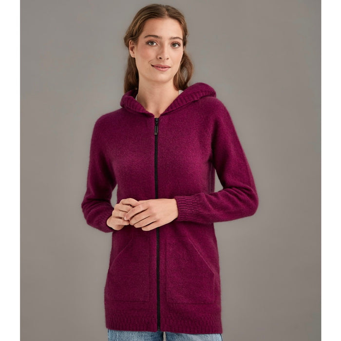 Woman wearing McDonald - Merino & Possum Stepped Stitch Hoodie (5063) in the colour Berry.