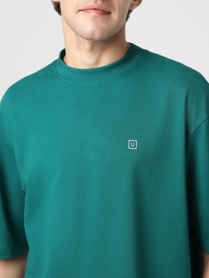 Men's Aventurine Green Solid Round Neck Oversized Half Sleeve Cotton T-Shirt