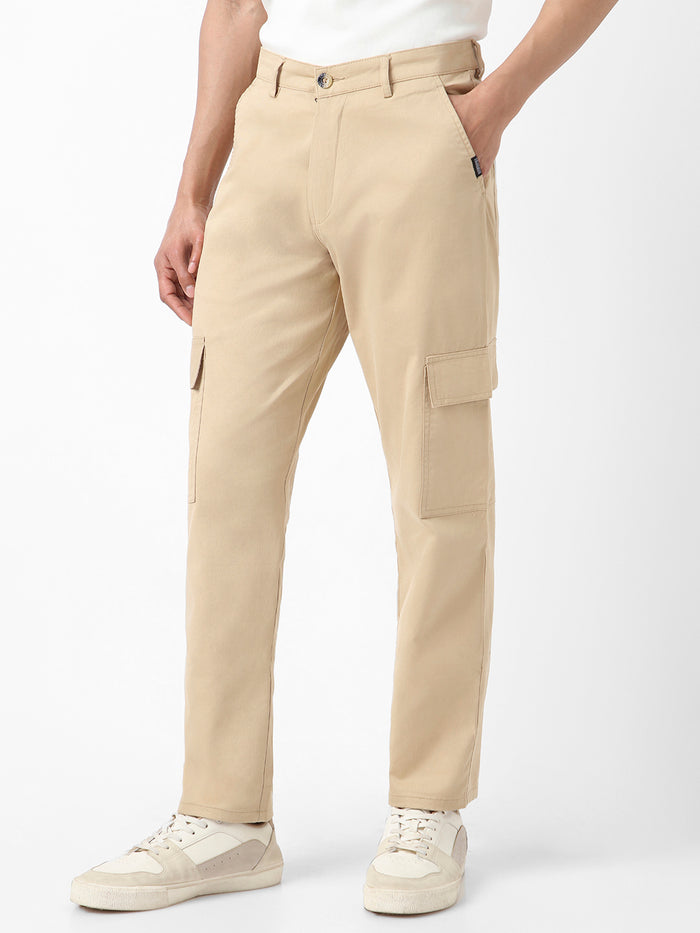 Men's Beige Regular Fit Solid Cargo Chino Pant with 6 Pockets Stretchable