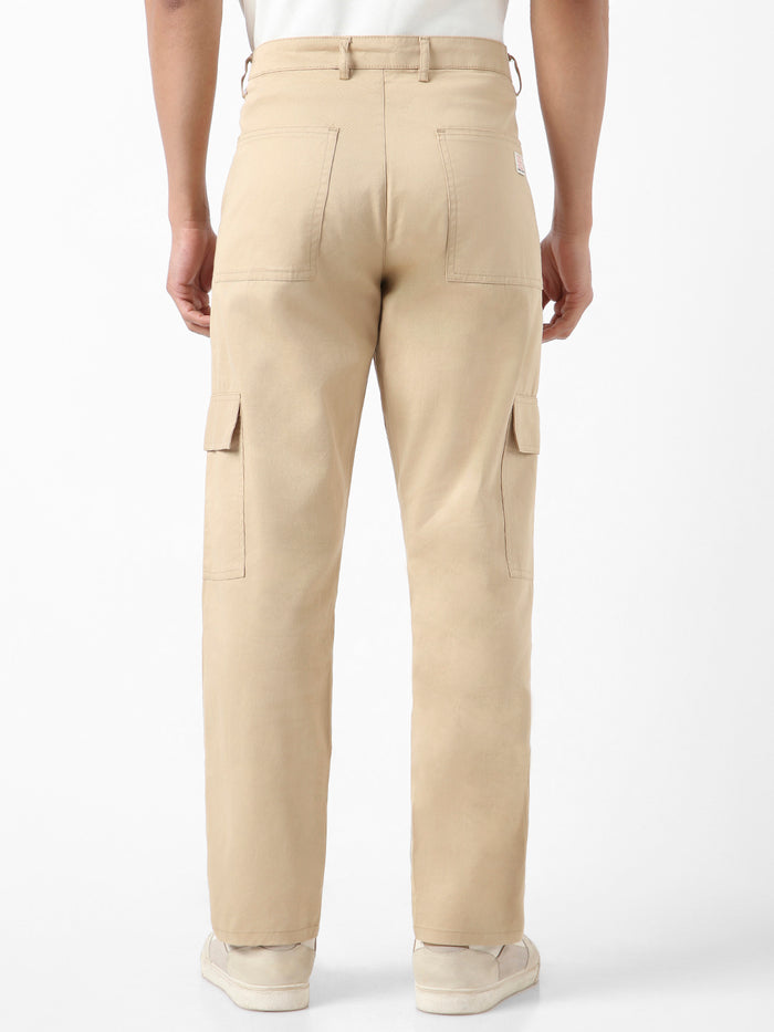 Men's Beige Regular Fit Solid Cargo Chino Pant with 6 Pockets Stretchable