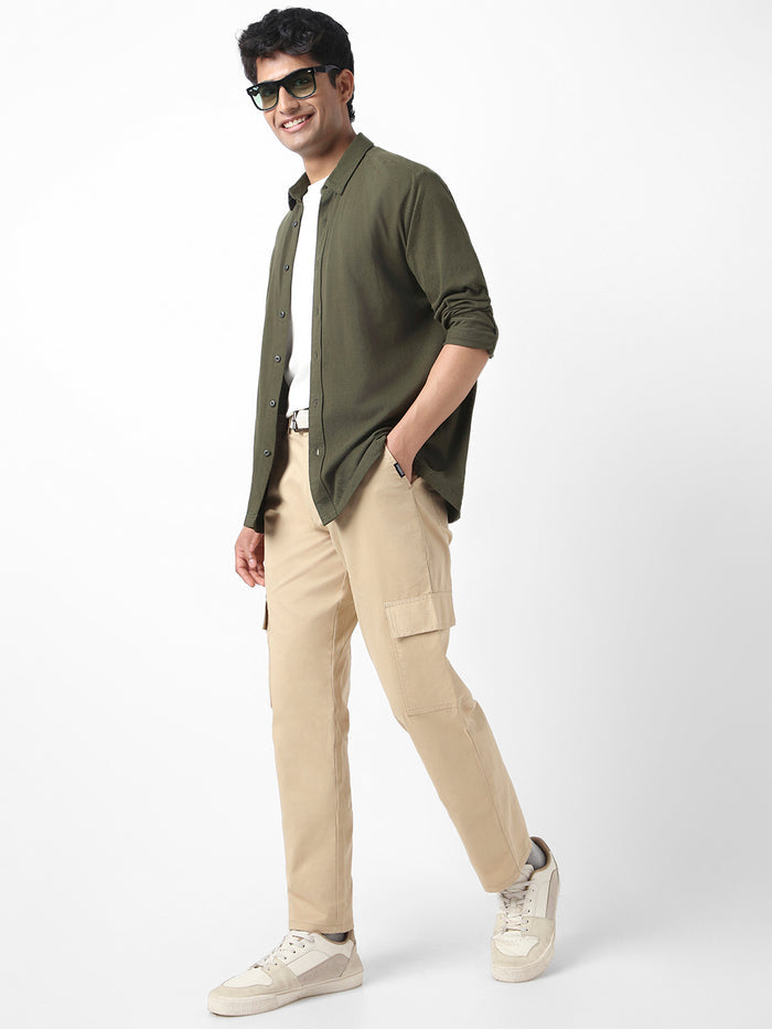 Men's Beige Regular Fit Solid Cargo Chino Pant with 6 Pockets Stretchable