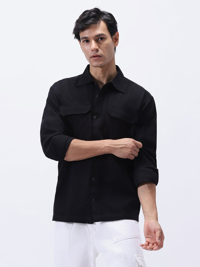 Men's Black Cotton Full Sleeve Relaxed Fit Shacket with Utility Pockets