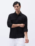 Men's Black Cotton Full Sleeve Relaxed Fit Shacket with Utility Pockets