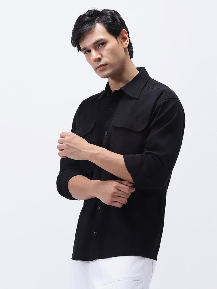Men's Black Cotton Full Sleeve Relaxed Fit Shacket with Utility Pockets