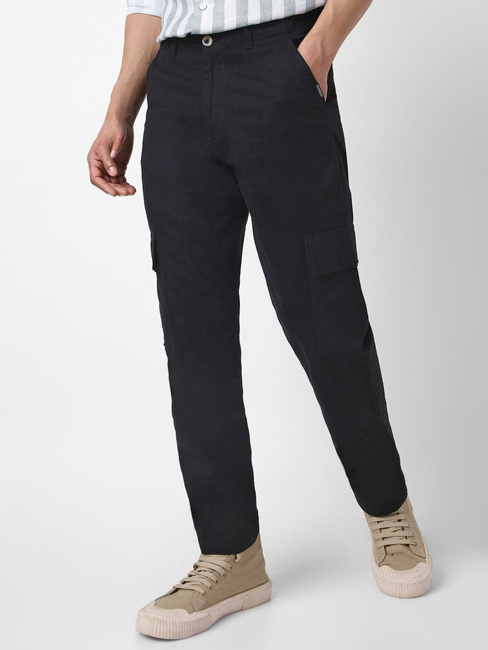 Men's Black Regular Fit Solid Cargo Chino Pant with 6 Pockets Stretchable