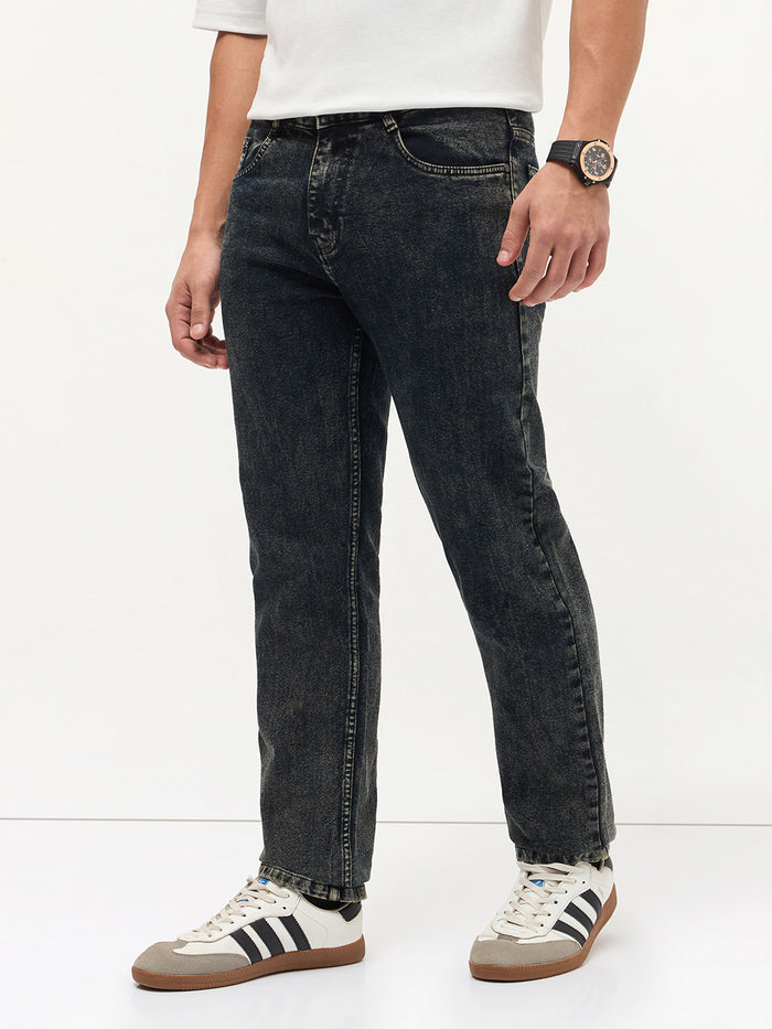 Men's Black Regular Fit Towel Washed Yellow Tint Denim Jeans Stretchable
