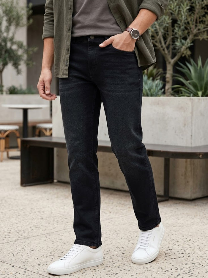 Men's Black Regular Fit Whisker Wash Yellow Tint Denim Jeans Stretchable