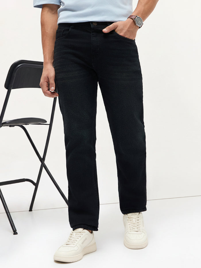 Men's Black Regular Fit Whisker Wash Yellow Tint Denim Jeans Stretchable