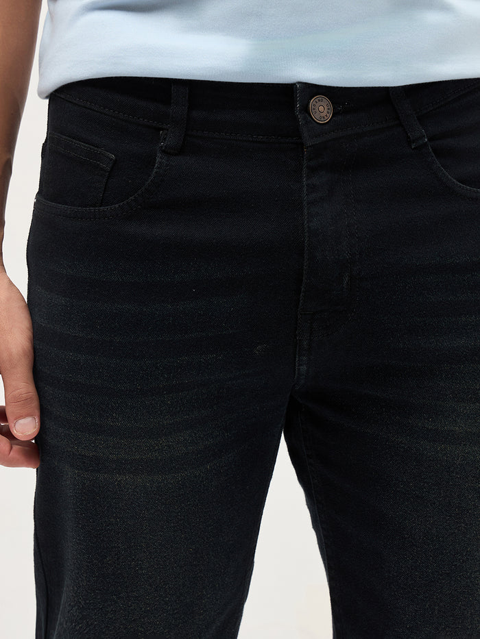 Men's Black Regular Fit Whisker Wash Yellow Tint Denim Jeans Stretchable