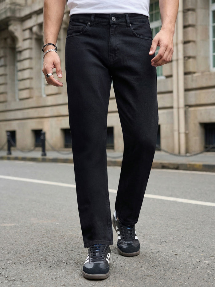 Men's Black Relaxed Fit Washed Denim Jeans Non-Stretchable