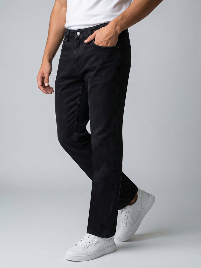 Men's Black Relaxed Fit Washed Denim Jeans Non-Stretchable