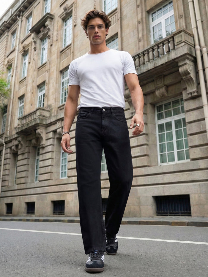 Men's Black Relaxed Fit Washed Denim Jeans Non-Stretchable
