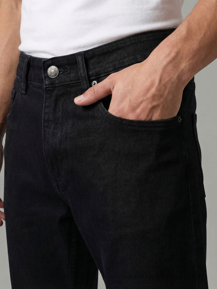 Men's Black Relaxed Fit Washed Denim Jeans Non-Stretchable