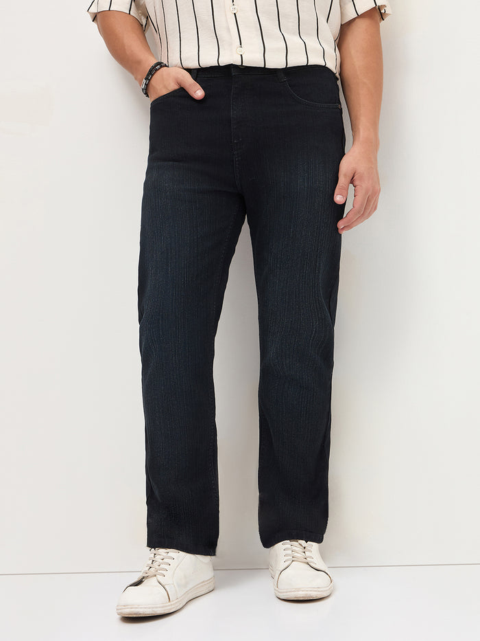 Men's Black Straight Fit Washed Denim Jeans Stretchable