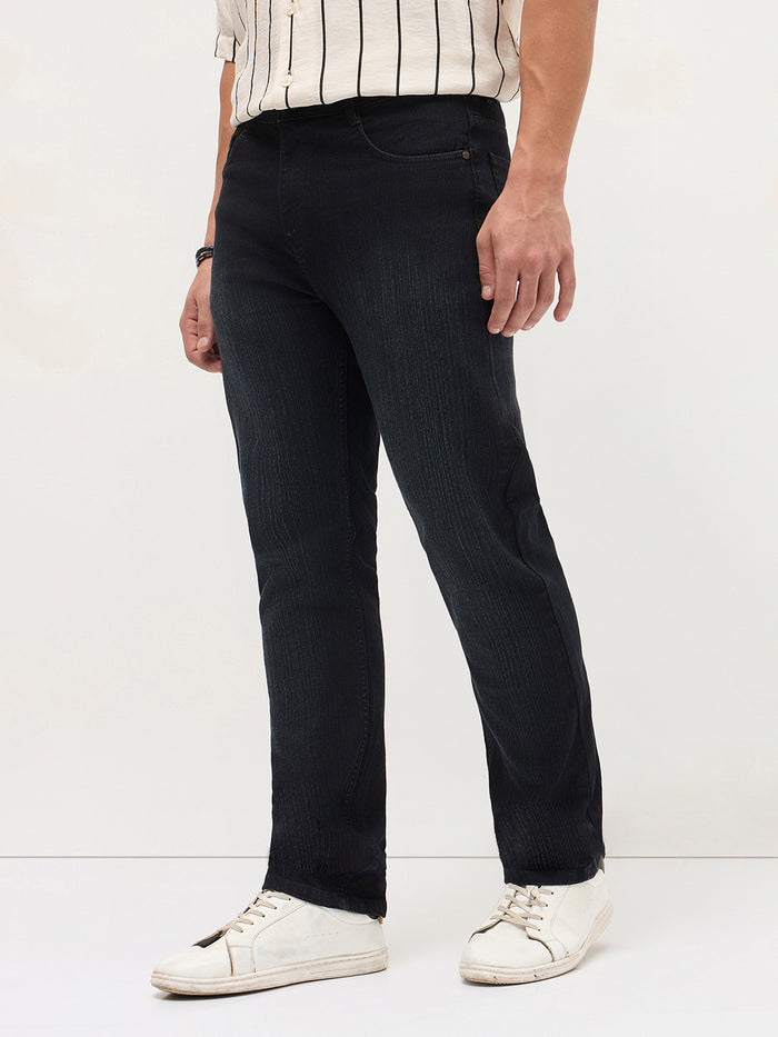 Men's Black Straight Fit Washed Denim Jeans Stretchable