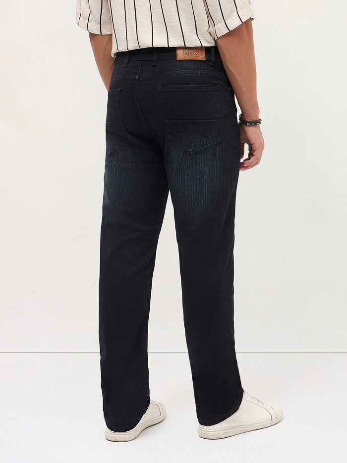 Men's Black Straight Fit Washed Denim Jeans Stretchable