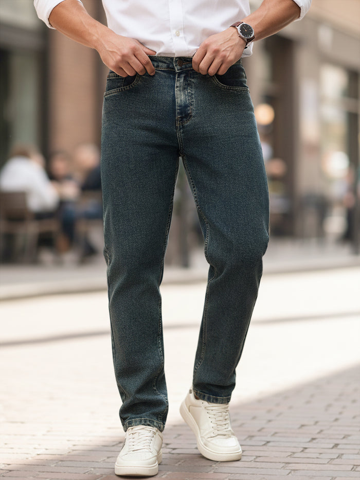Men's Blue Regular Fit Towel Washed Yellow Tint Denim Jeans Stretchable
