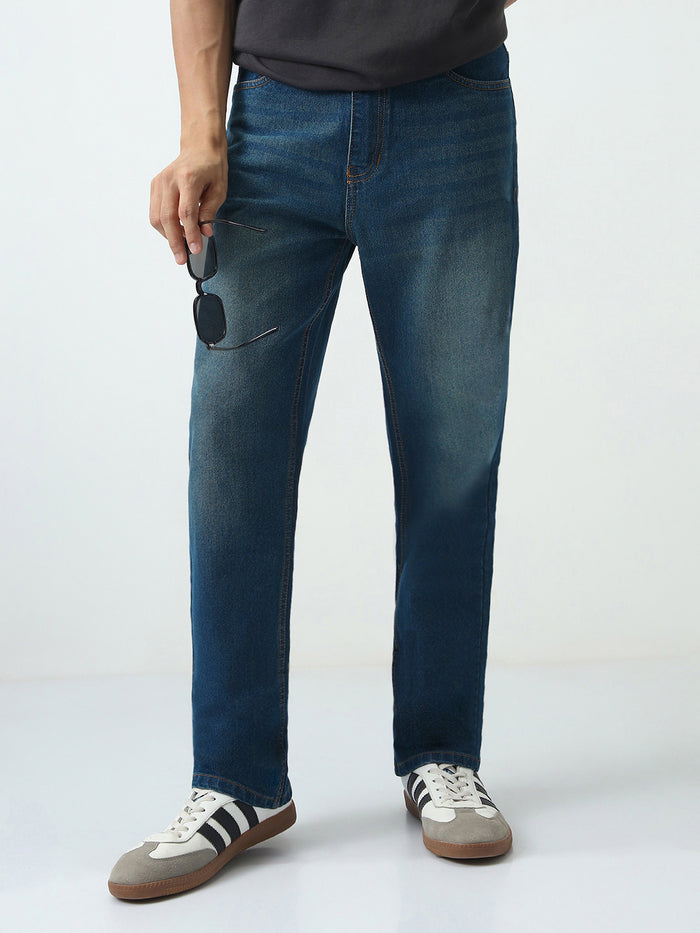 Men's Blue Straight Fit Heavy Washed Jeans Stretchable