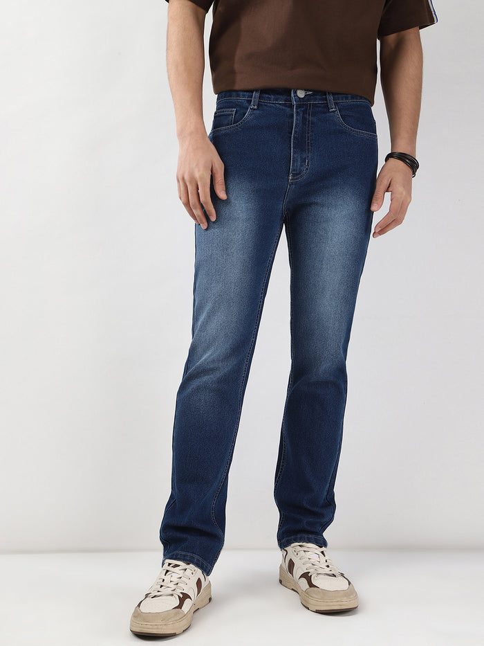 Men's Blue Straight Fit Washed Jeans Stretchable