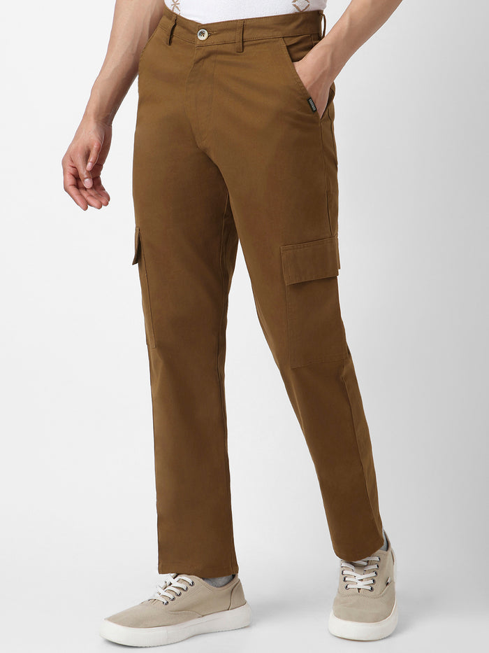 Men's Brown Regular Fit Solid Cargo Chino Pant with 6 Pockets Stretchable