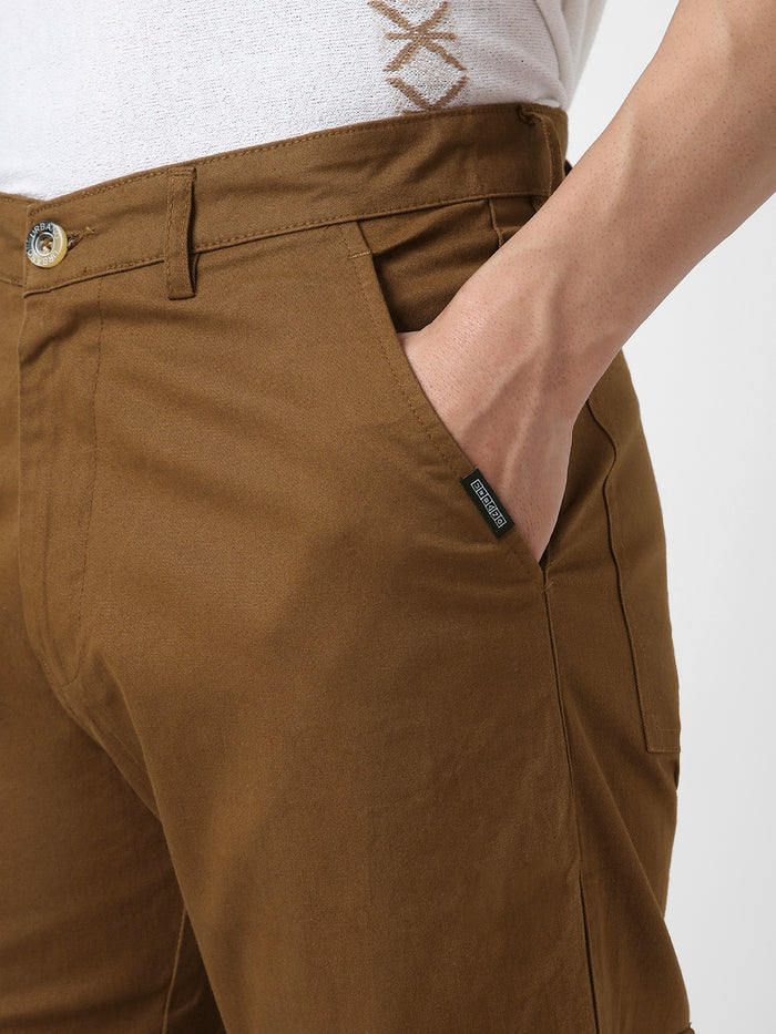 Men's Brown Regular Fit Solid Cargo Chino Pant with 6 Pockets Stretchable