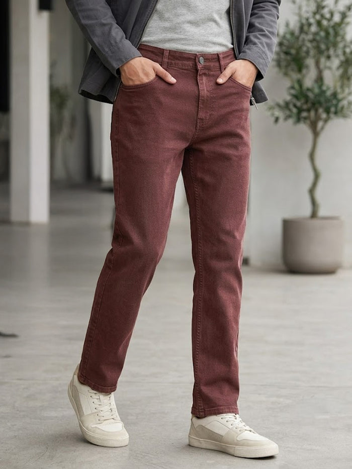 Men's Brown Straight Fit Washed Jeans Stretchable