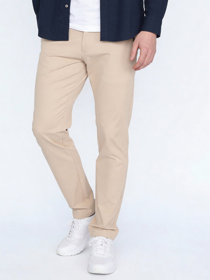 Men's Cream Straight Fit Mid Rise Cotton Casual Chinos Trousers Stretch