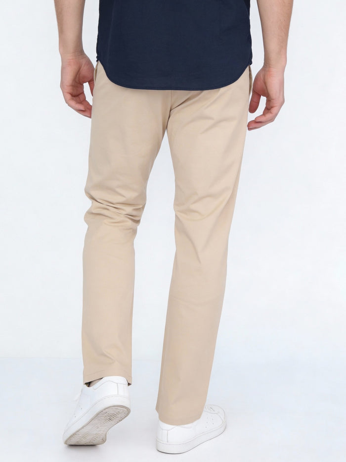 Men's Cream Straight Fit Mid Rise Cotton Casual Chinos Trousers Stretch