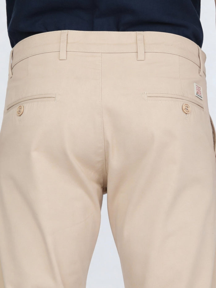 Men's Cream Straight Fit Mid Rise Cotton Casual Chinos Trousers Stretch