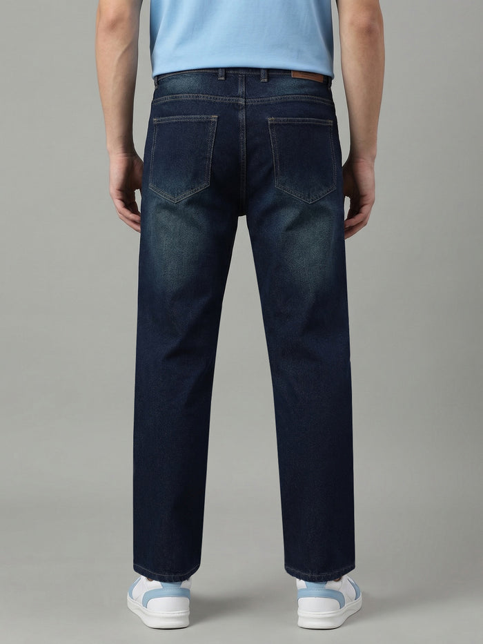 Men's Dark Blue Relaxed Fit Washed Denim Jeans Non-Stretchable