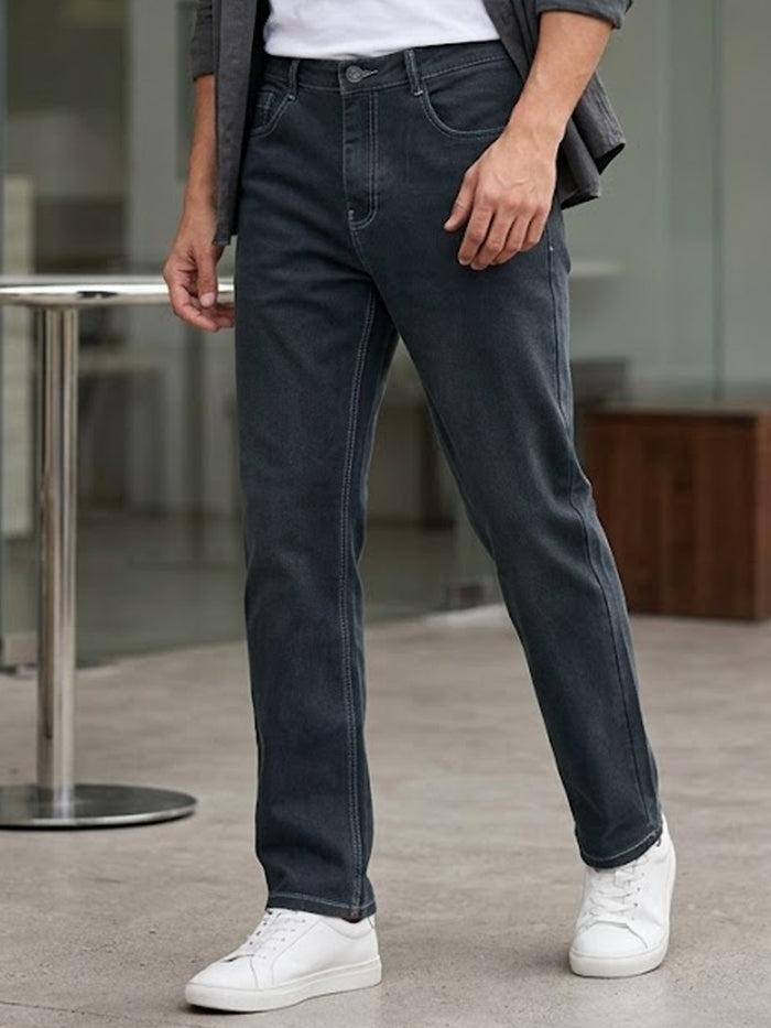 Men's Dark Grey Straight Fit Washed Jeans Stretchable
