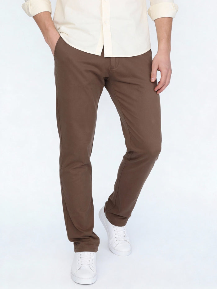 Men's Dark Taupe Straight Fit Mid Rise Cotton Casual Chinos Trousers Stretch