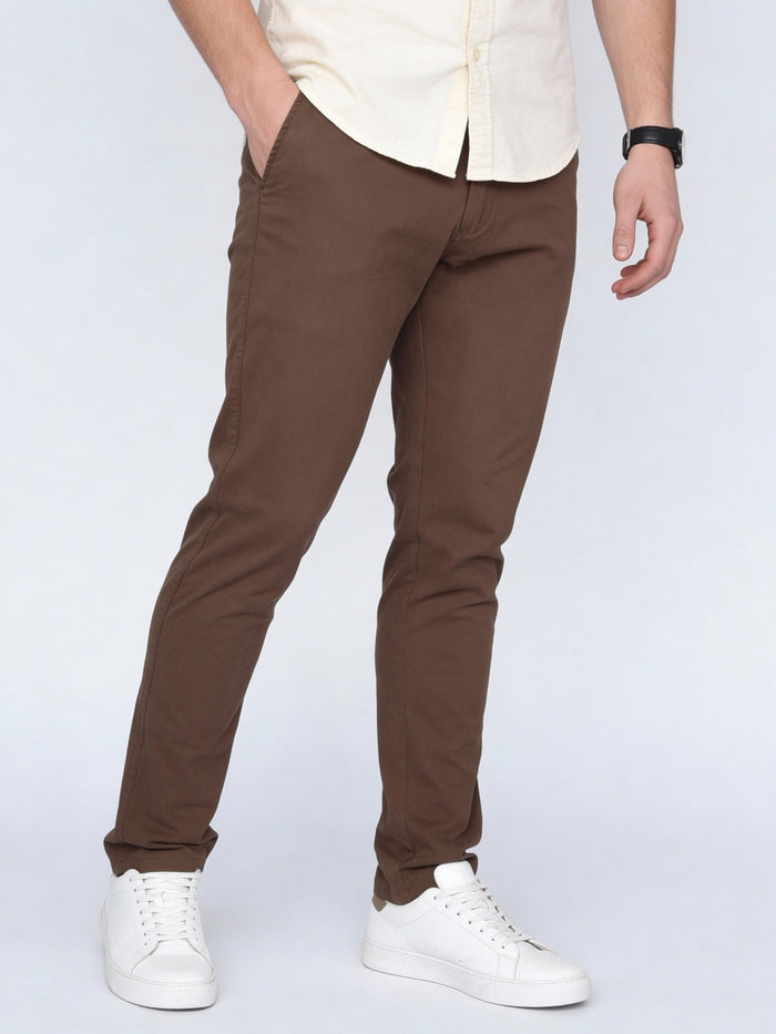 Men's Dark Taupe Straight Fit Mid Rise Cotton Casual Chinos Trousers Stretch