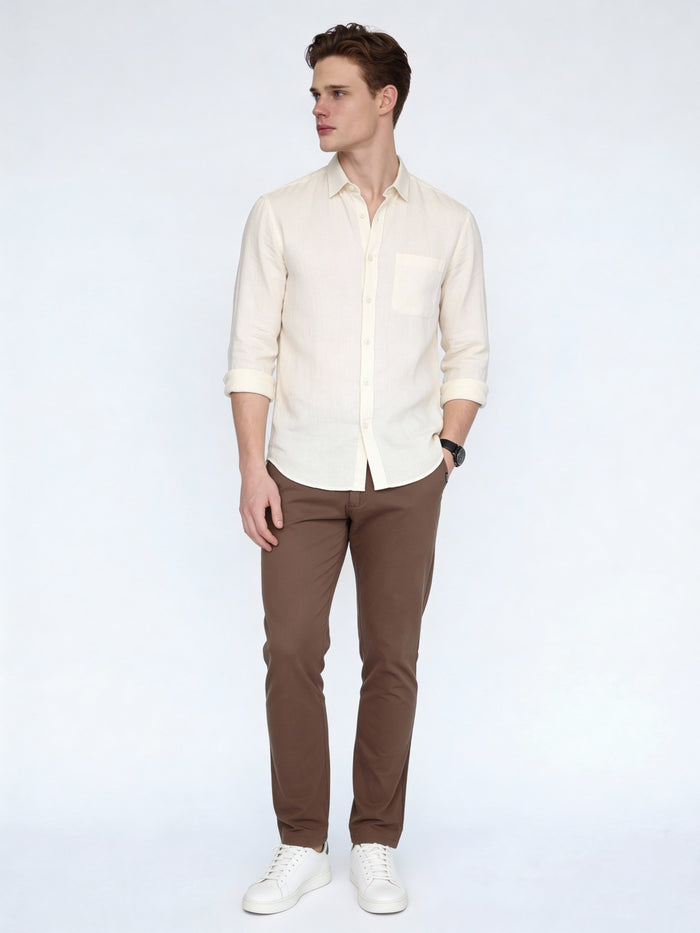 Men's Dark Taupe Straight Fit Mid Rise Cotton Casual Chinos Trousers Stretch