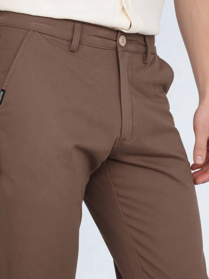 Men's Dark Taupe Straight Fit Mid Rise Cotton Casual Chinos Trousers Stretch