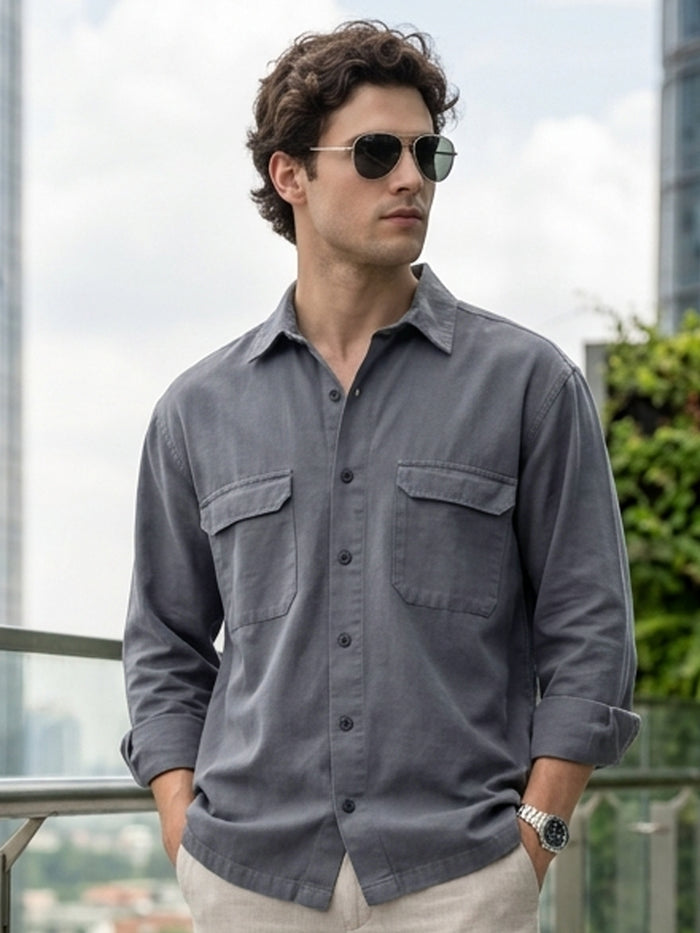 Men's Grey Cotton Full Sleeve Relaxed Fit Shacket with Utility Pockets