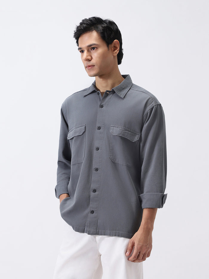 Men's Grey Cotton Full Sleeve Relaxed Fit Shacket with Utility Pockets
