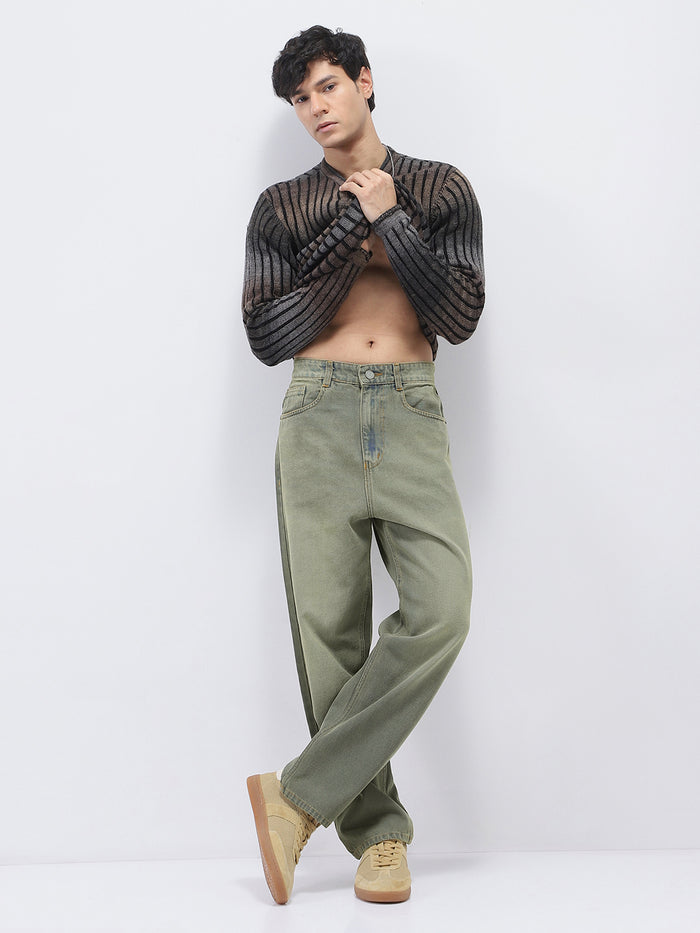 Men's Grey Loose Baggy Fit Heavy Washed Jeans Non-Stretchable